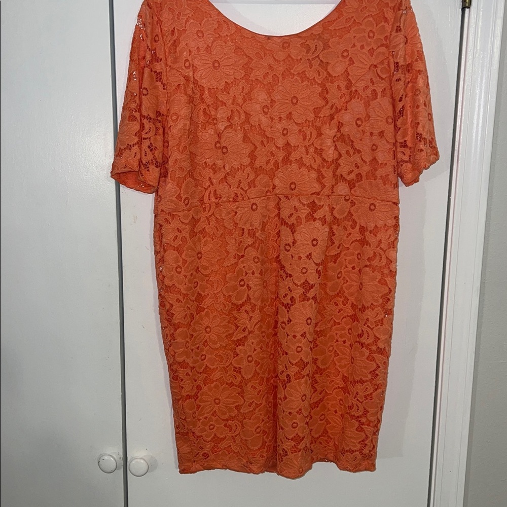 Investments peach lace dress. Midd sleeves. XL perfect for brunch, showers.
